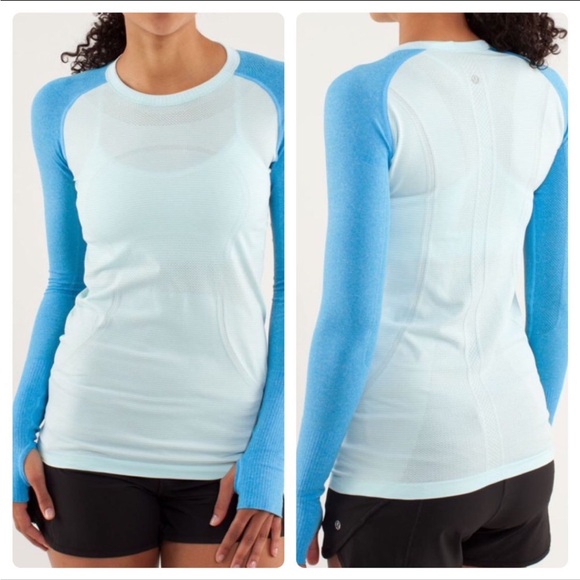 lululemon athletica Tops - Lululemon Run Long Sleeve Top Aqua and White sz.8